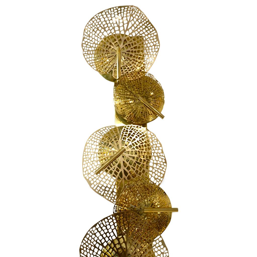 Contemporary Organic Italian Art Design Pair of Perforated Brass Leaf Sconces For Sale 13