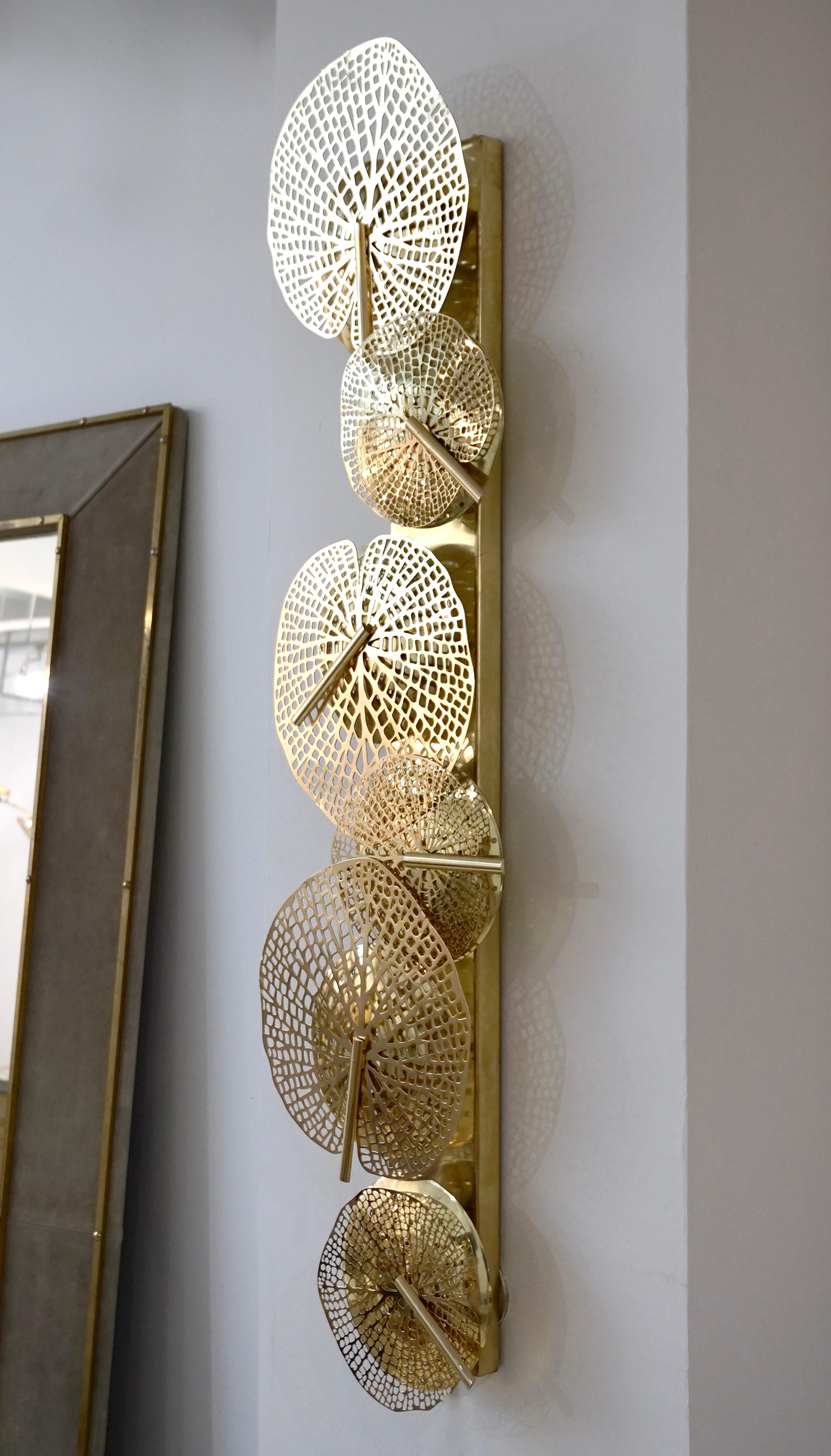 Organic Modern Contemporary Organic Italian Art Design Pair of Perforated Brass Leaf Sconces For Sale