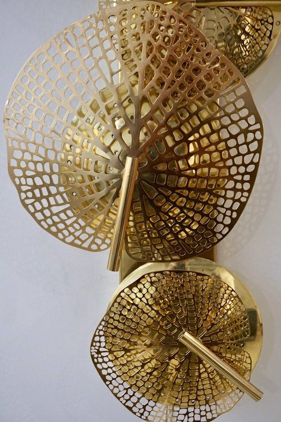 Hand-Crafted Contemporary Organic Italian Art Design Pair of Perforated Brass Leaf Sconces For Sale