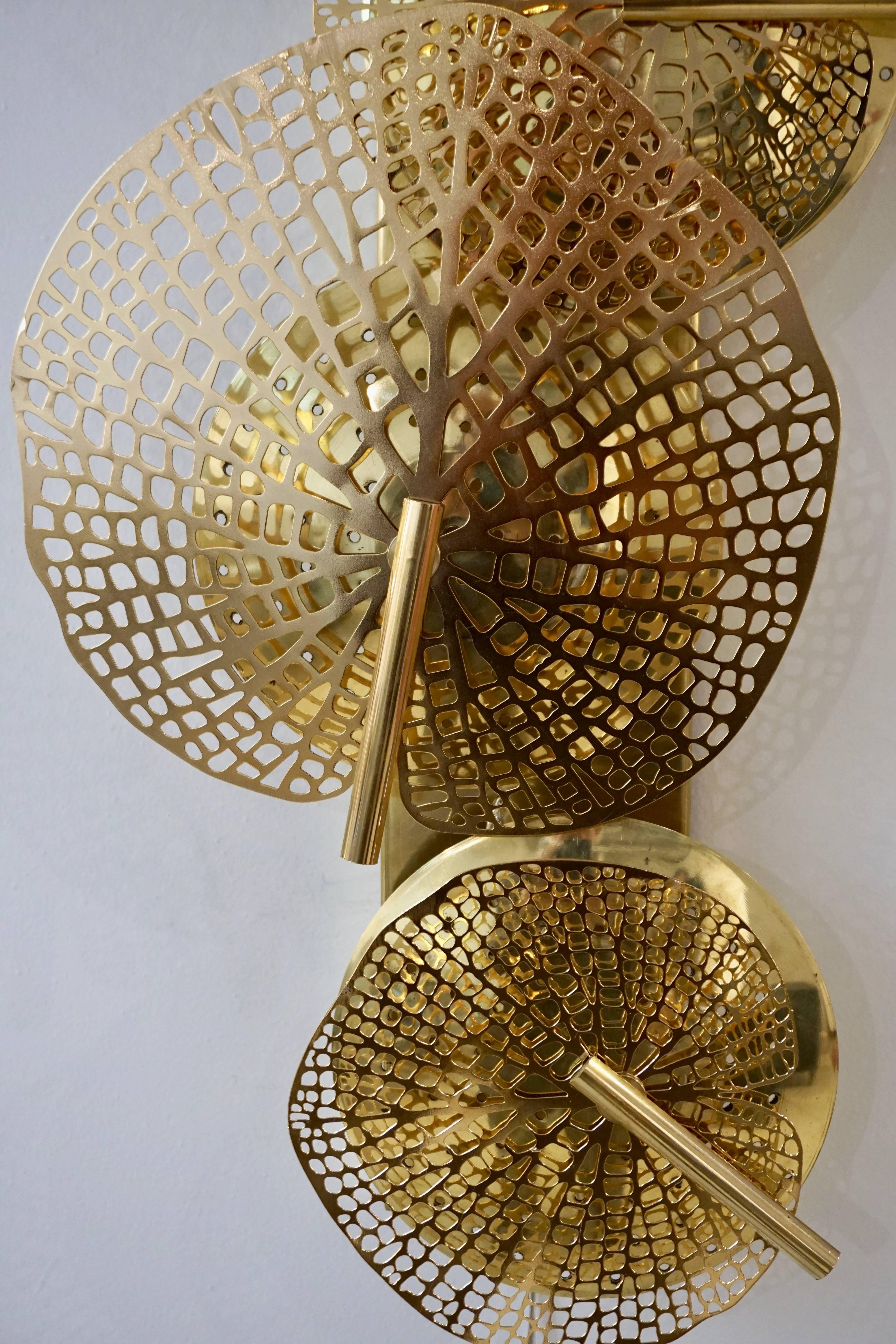 Polished Contemporary Organic Italian Art Design Pair of Perforated Brass Leaf Sconces For Sale