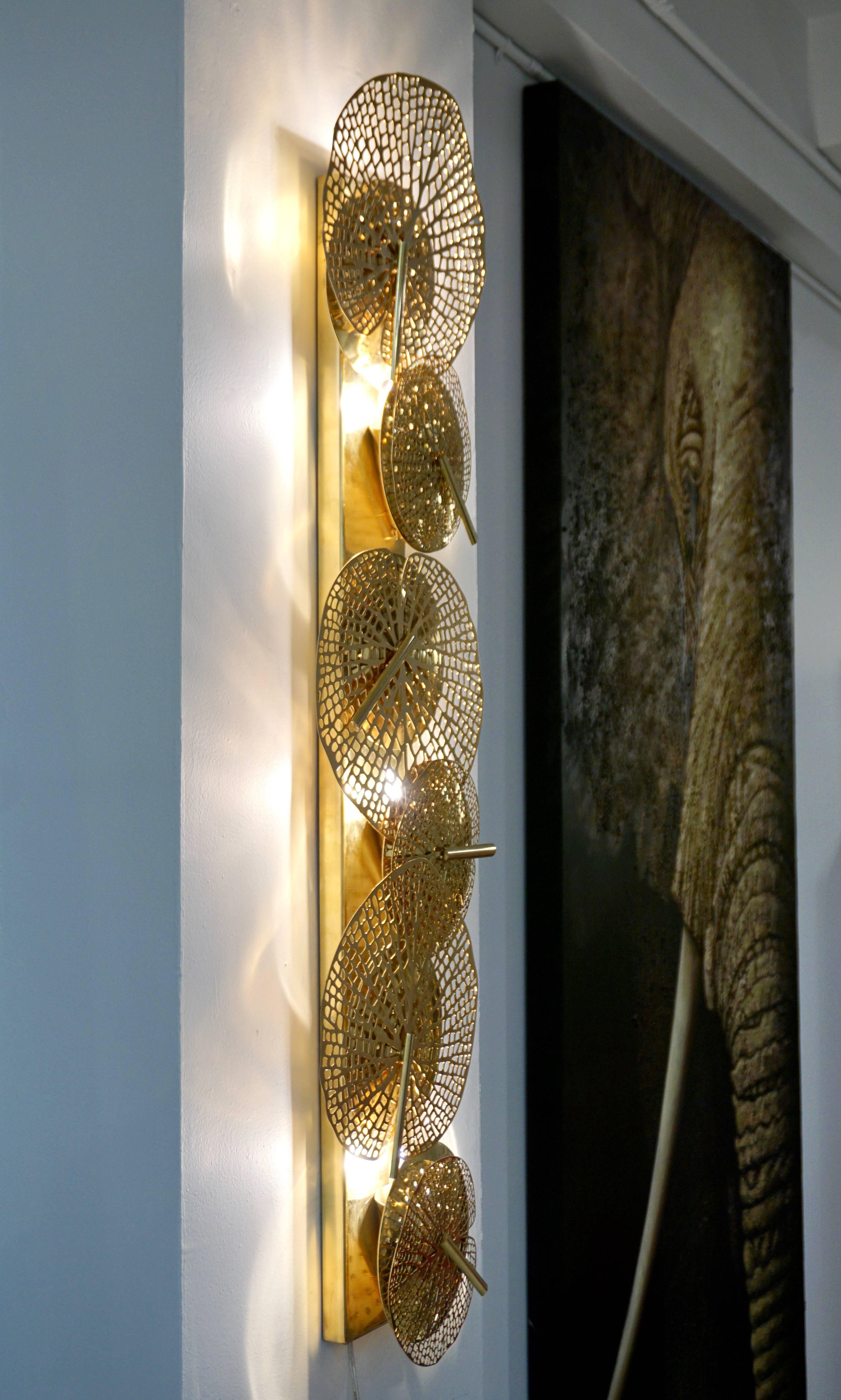Contemporary Organic Italian Art Design Pair of Perforated Brass Leaf Sconces For Sale 1
