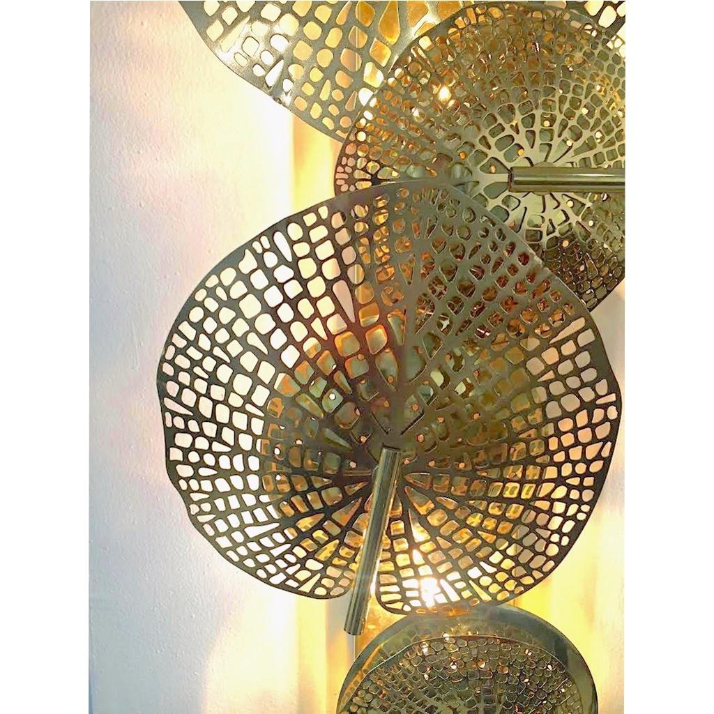 Contemporary Organic Italian Art Design Pair of Perforated Brass Leaf Sconces For Sale 2
