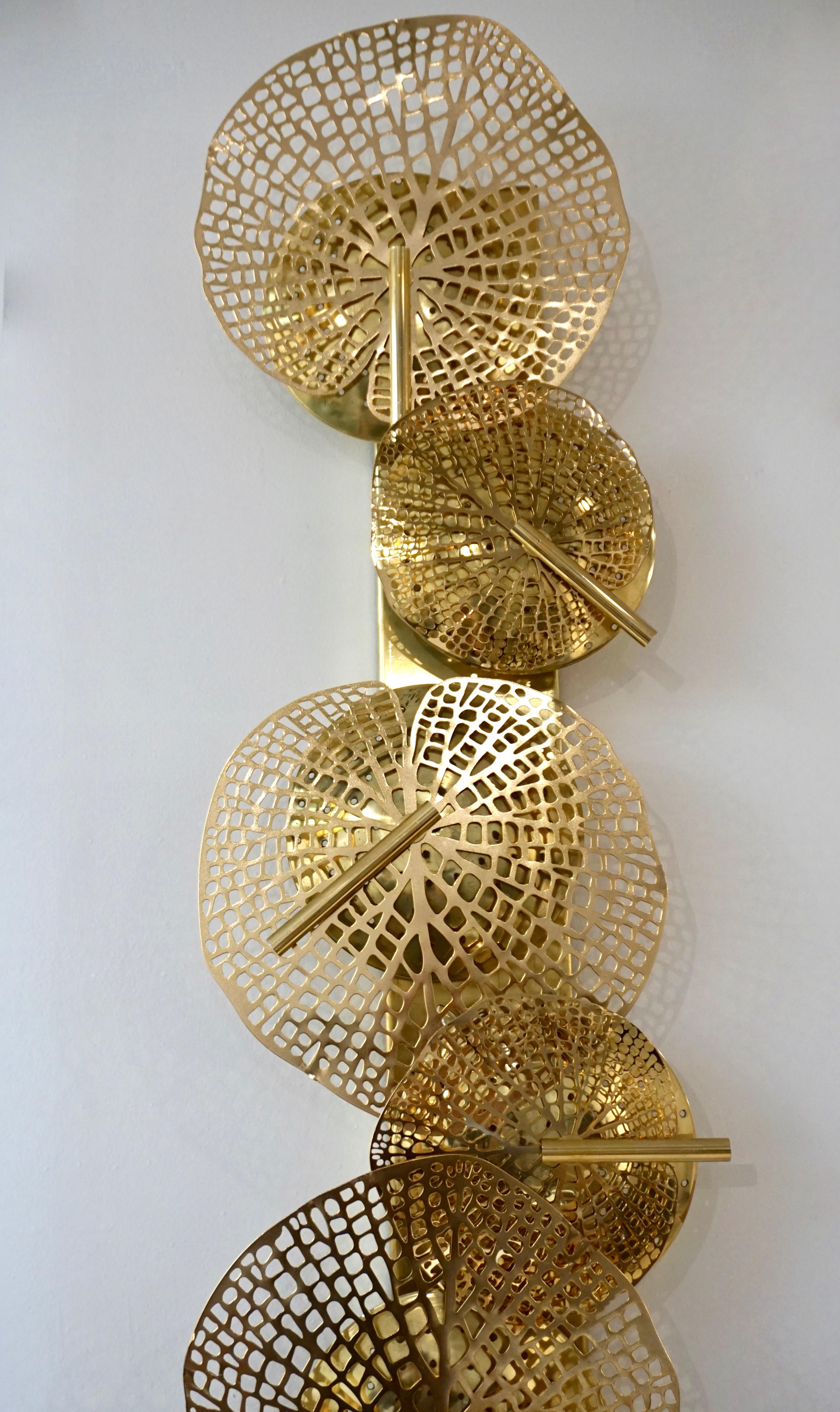 Contemporary Organic Italian Art Design Pair of Perforated Brass Leaf Sconces For Sale 3