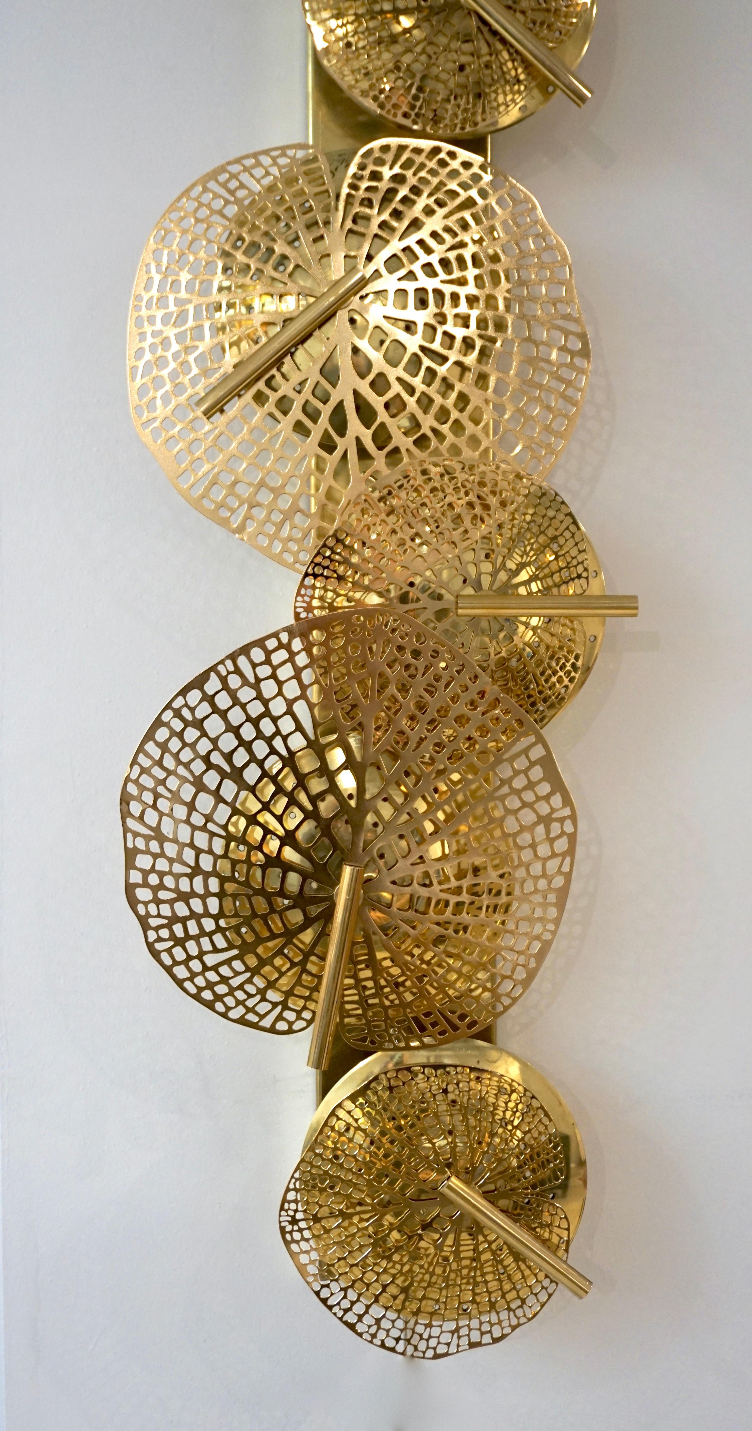 Contemporary Organic Italian Art Design Pair of Perforated Brass Leaf Sconces For Sale 4