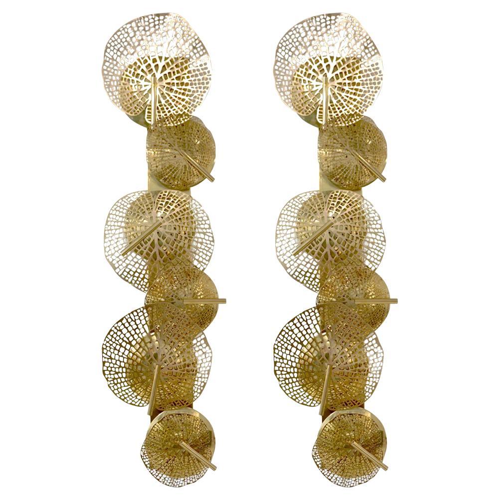 Contemporary Organic Italian Art Design Pair of Perforated Brass Leaf Sconces For Sale