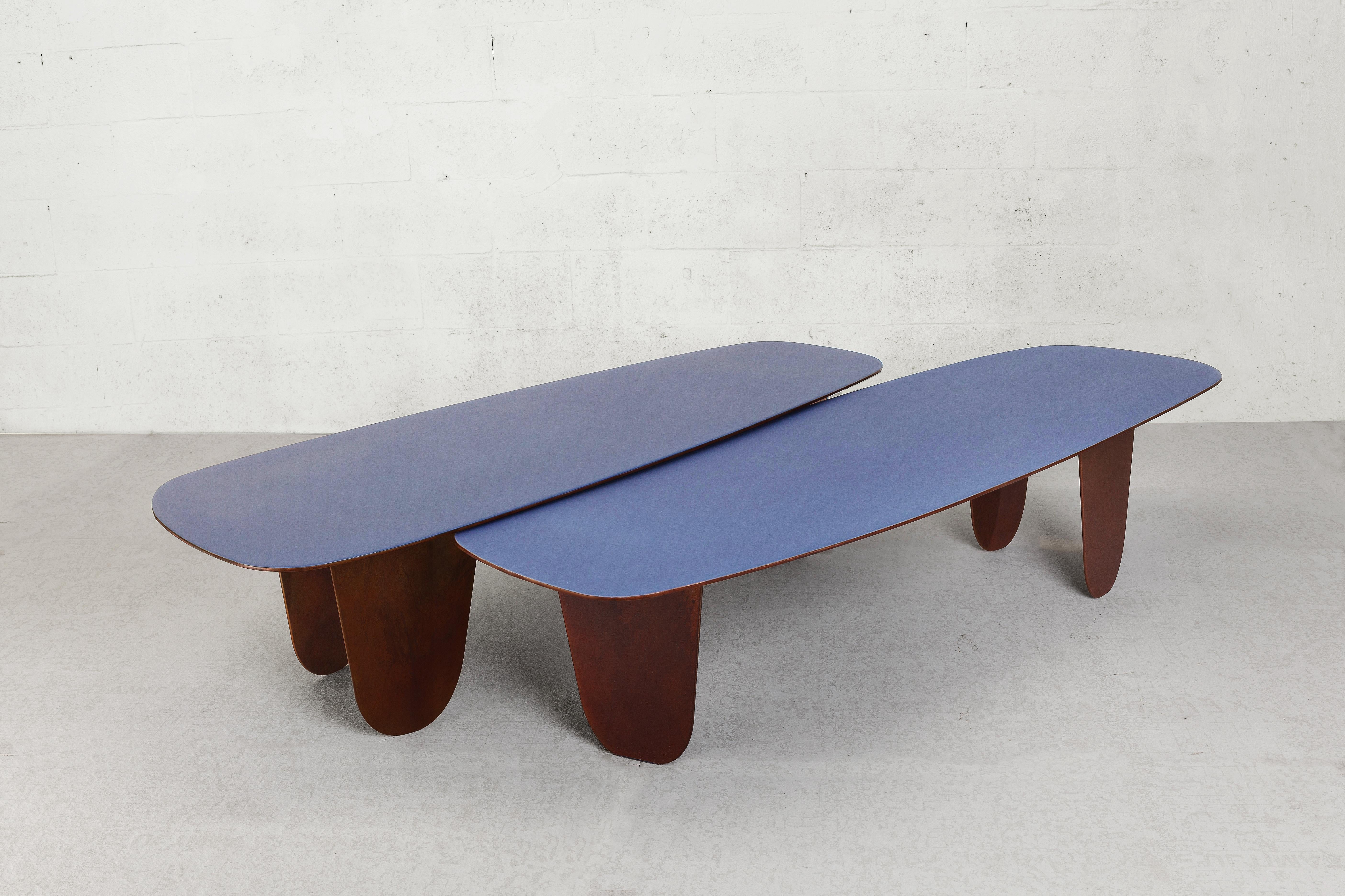 Patinated Contemporary Organic Minimalist Steel and Resin Low Tables by Vivian Carbonell For Sale