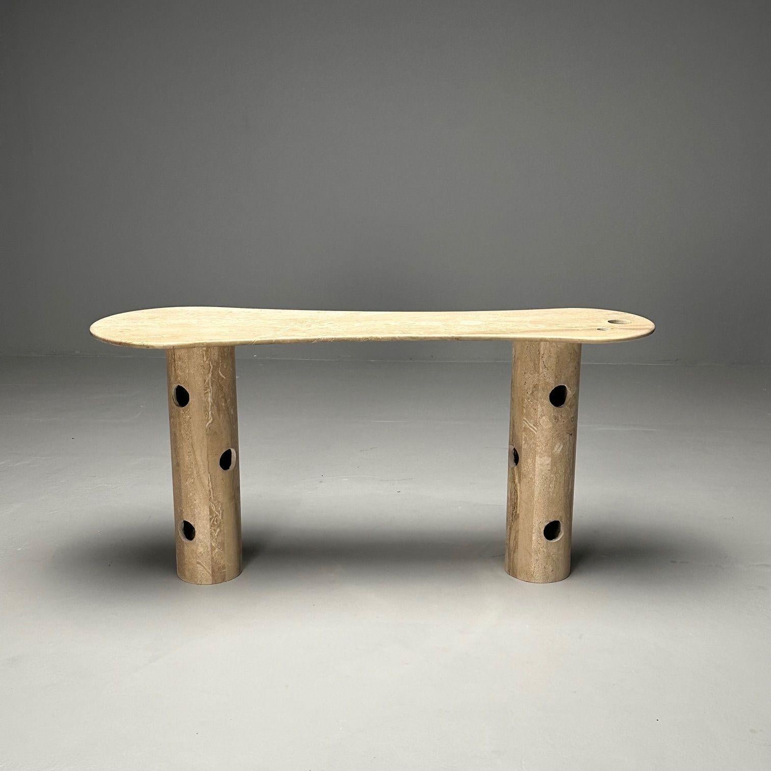 Contemporaneo, Organico Moderno, Tavolo Consolle, Doppio Piedistallo, Marmo Beige In condizioni buone in vendita a Manhasset, NY