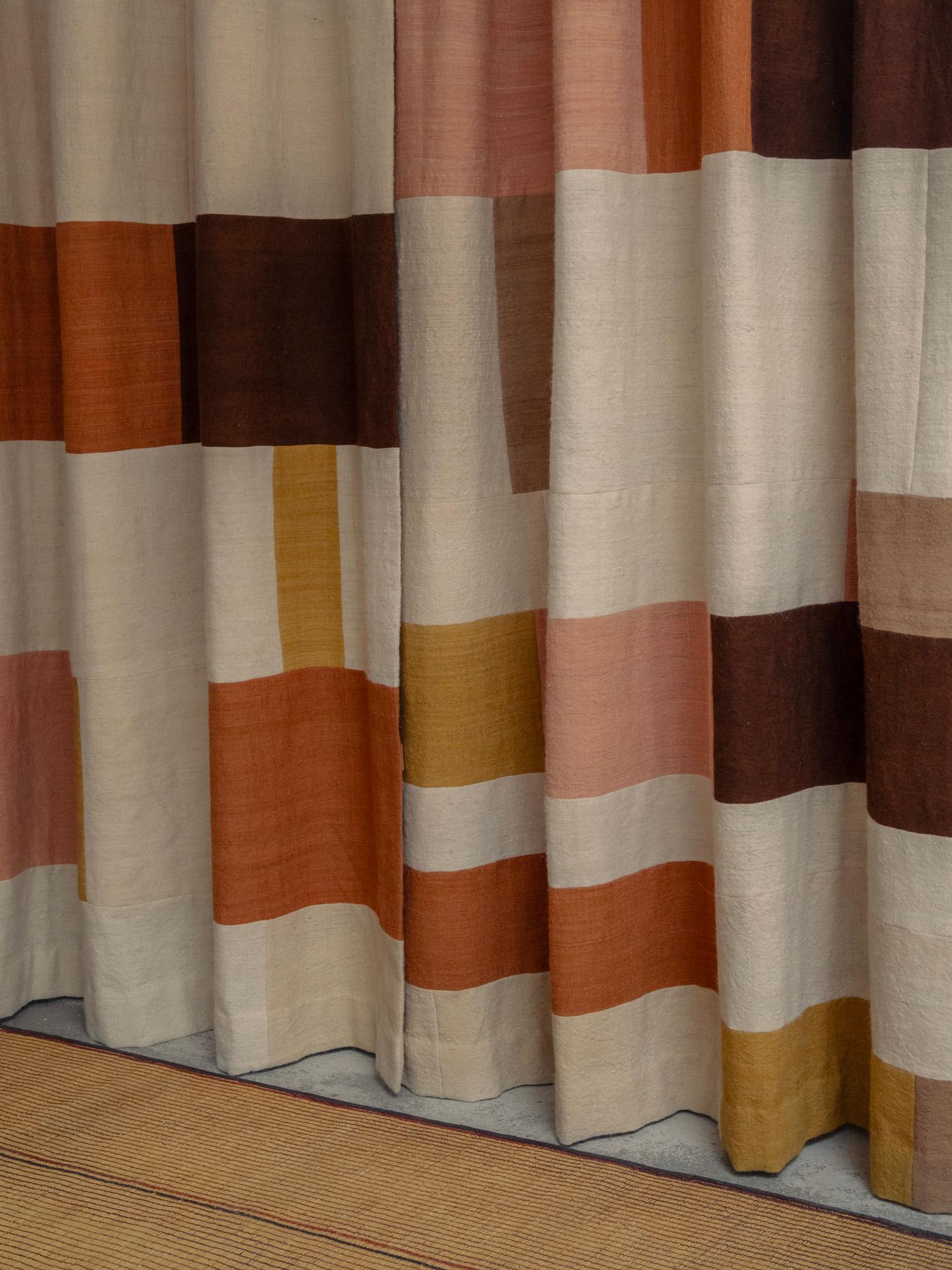 Hand-Crafted Contemporary Organic Modern Moroccan Handmade Patchwork Wool Curtains For Sale