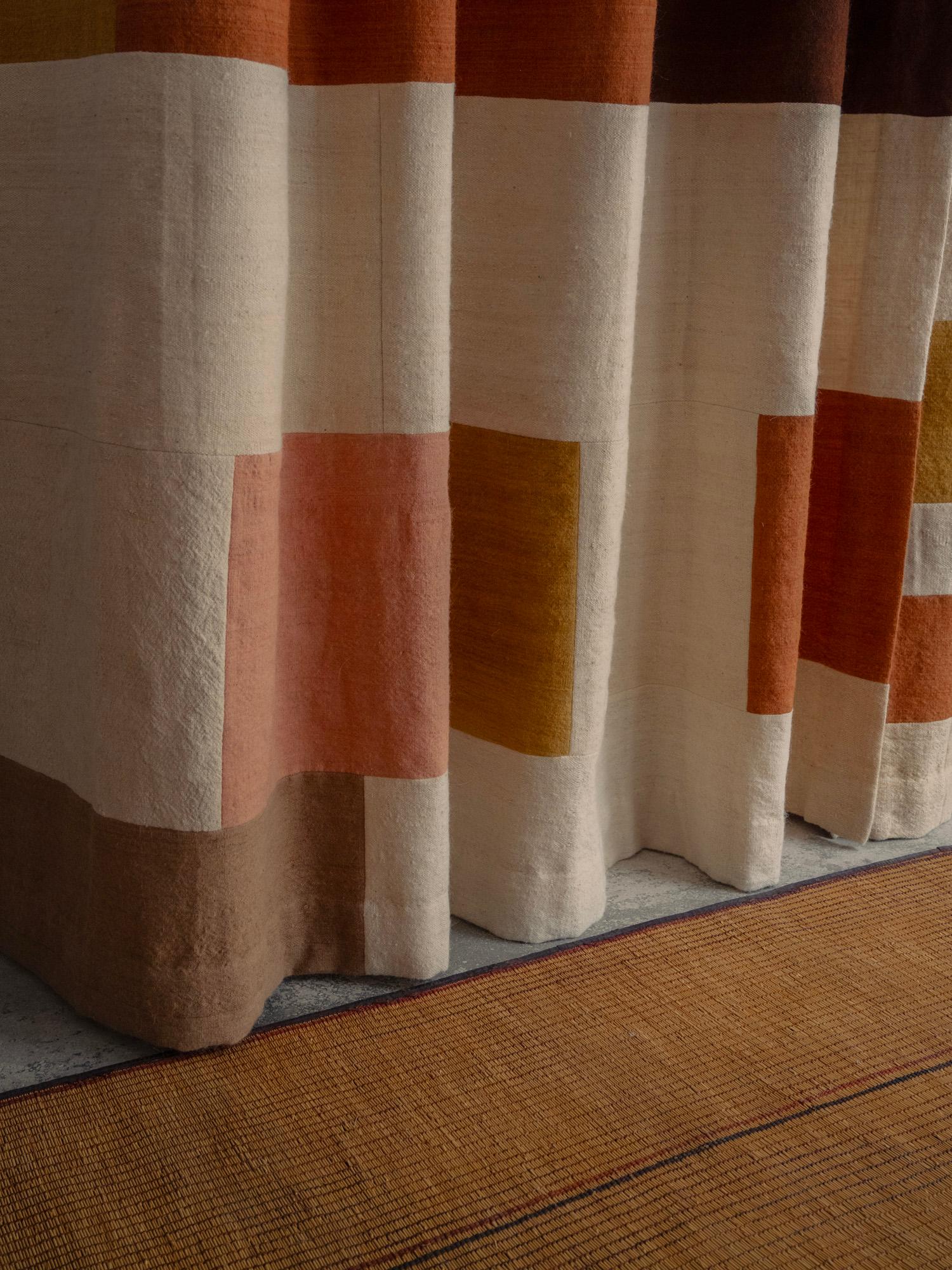 Contemporary Organic Modern Moroccan Handmade Patchwork Wool Curtains For Sale 2