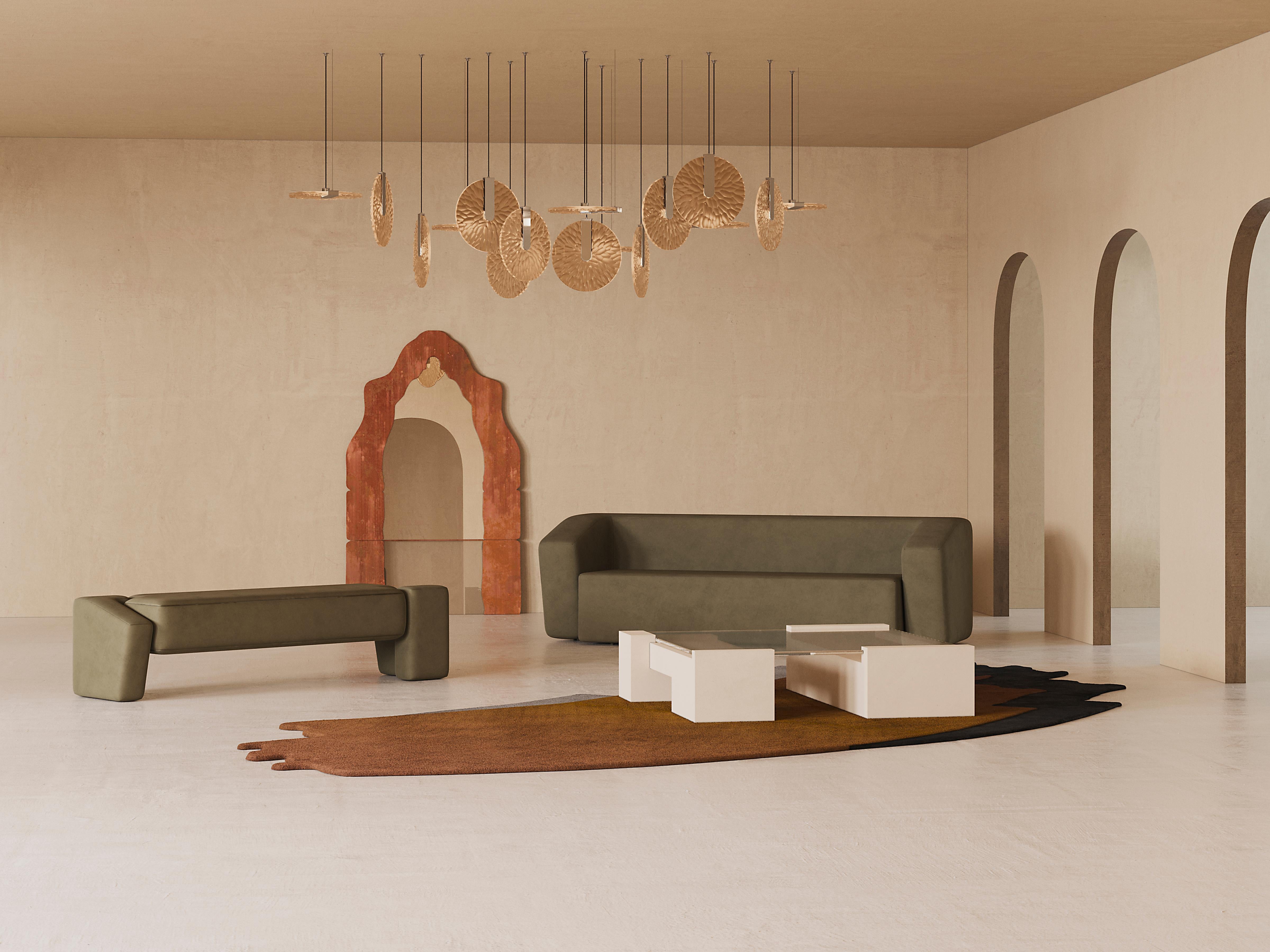 European Contemporary Organic Modernis Bench Upholstered in Green Forest Velvet For Sale