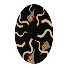 Modern Organic Oval Center Coffee Table Surrealist Figures Wood Marquetry Black