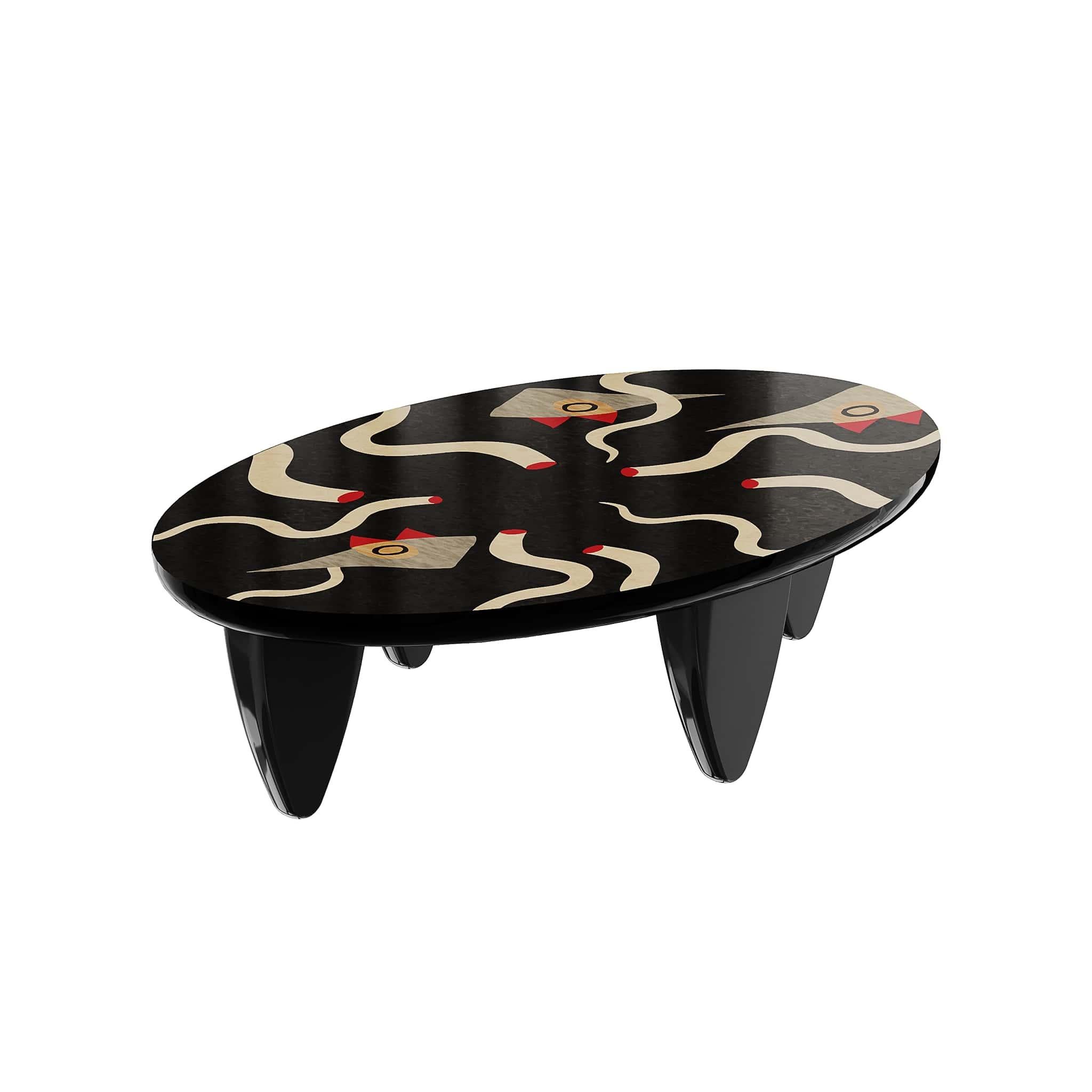 Mid-Century Modern Modern Organic Oval Center Coffee Table Surrealist Figures Wood Marquetry Black For Sale