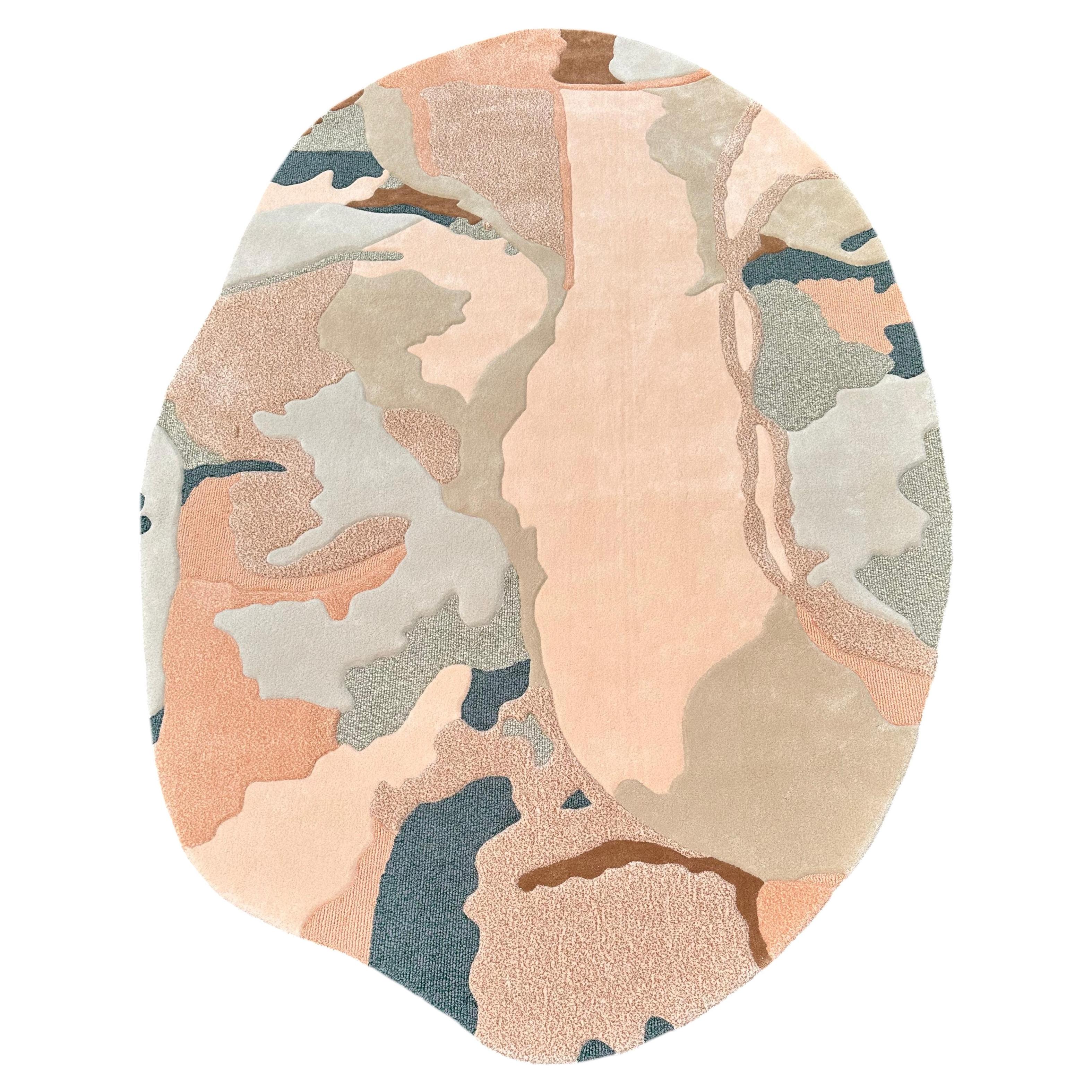 Contemporary Organic Shape Rug in Soft Peach, Sand & Muted Teal Tones For Sale