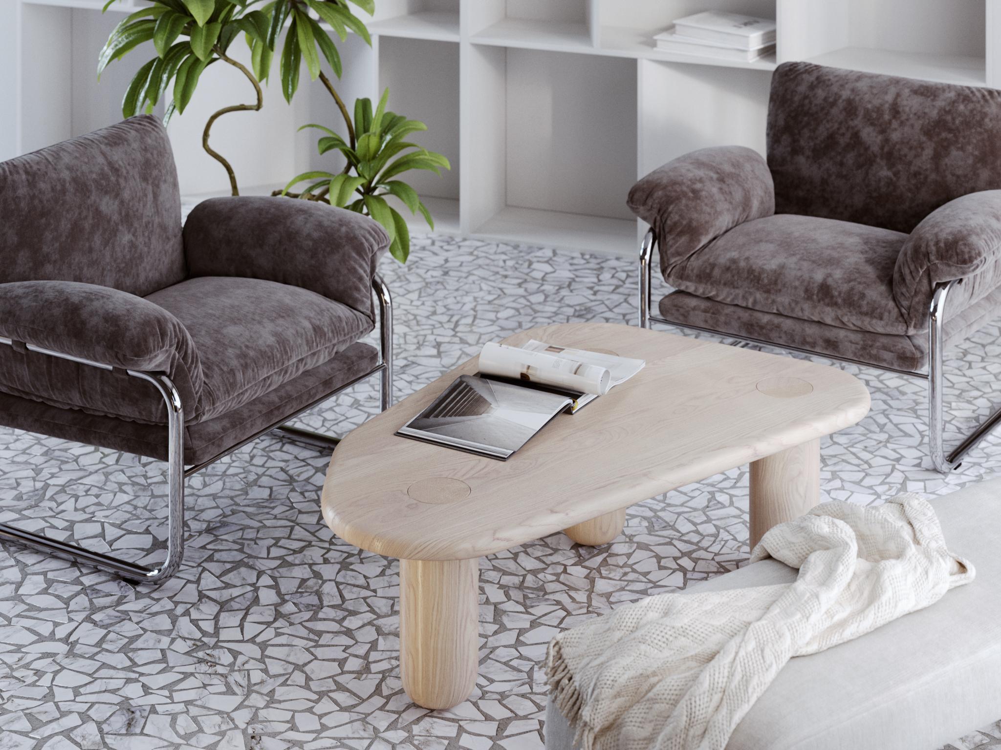 Organic Modern Contemporary Organic Solid Oak Coffee Table in Whitewashed Finish For Sale