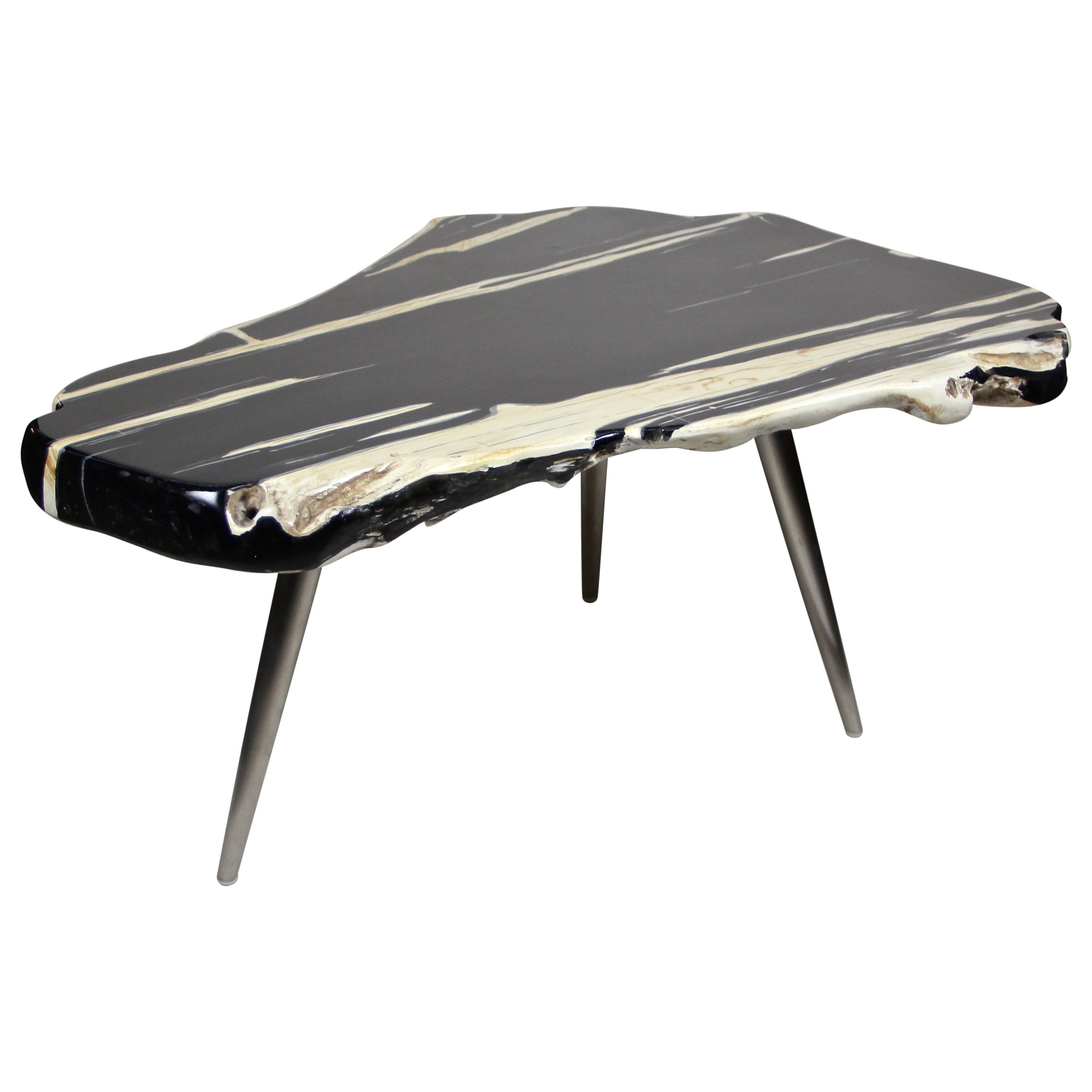 Contemporary Organic Teak Wood Table "Black Pearl" with Stainless Steel Feet