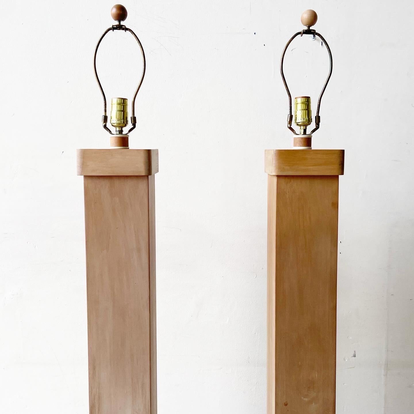 Mid-Century Modern Contemporary Organic Wooden Pillar Floor Lamps, Set of 2