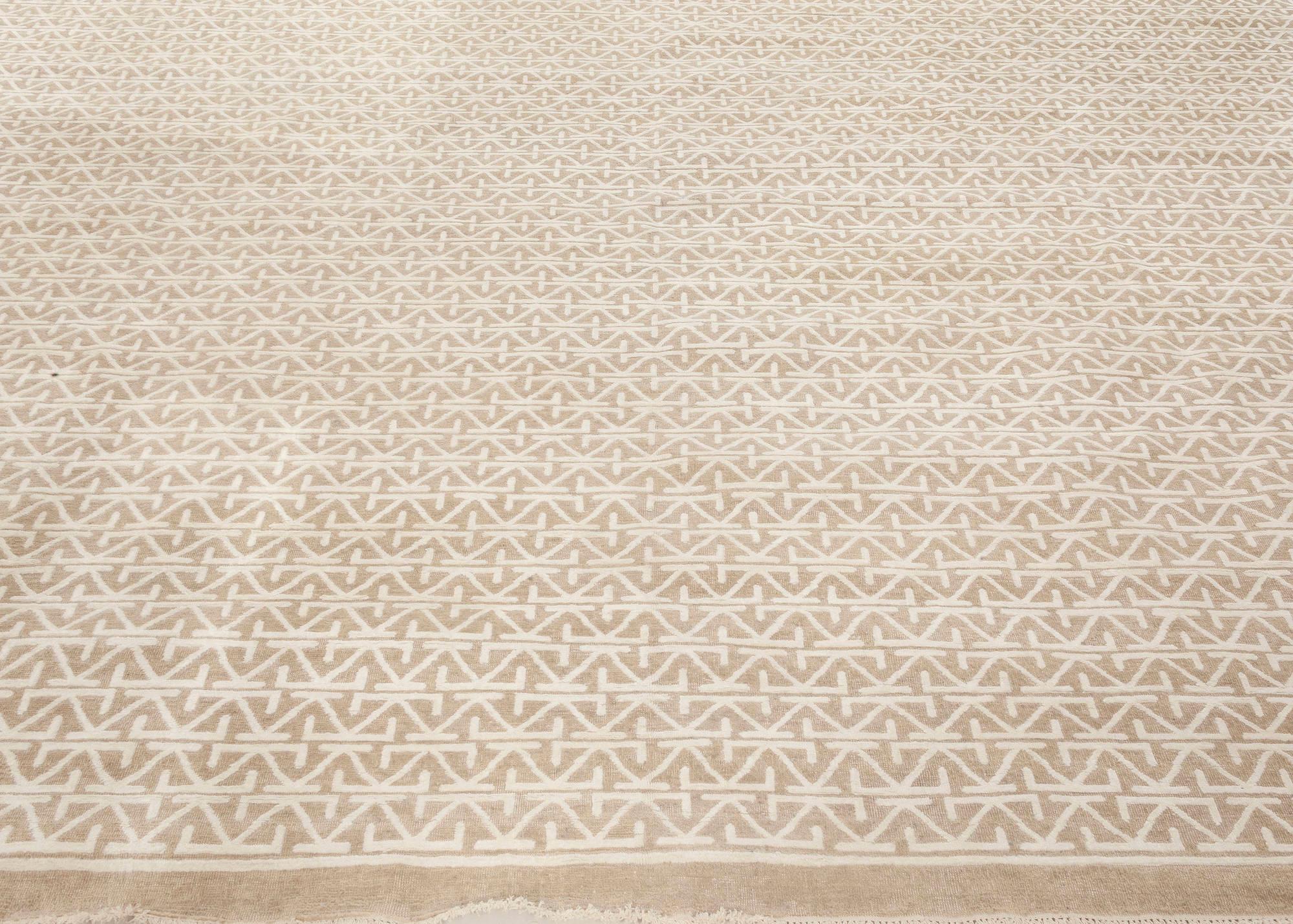 Hand-Knotted Contemporary Oriental Inspired Beige and White Rug by Doris Leslie Blau For Sale
