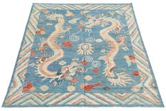Tapis Oriental Contemporain Dragon Mythologique - Laine Bleu Ciel & Terracotta 8x10