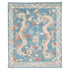 Tapis Oriental Contemporain Dragon Mythologique - Laine Bleu Ciel & Terracotta 8x10