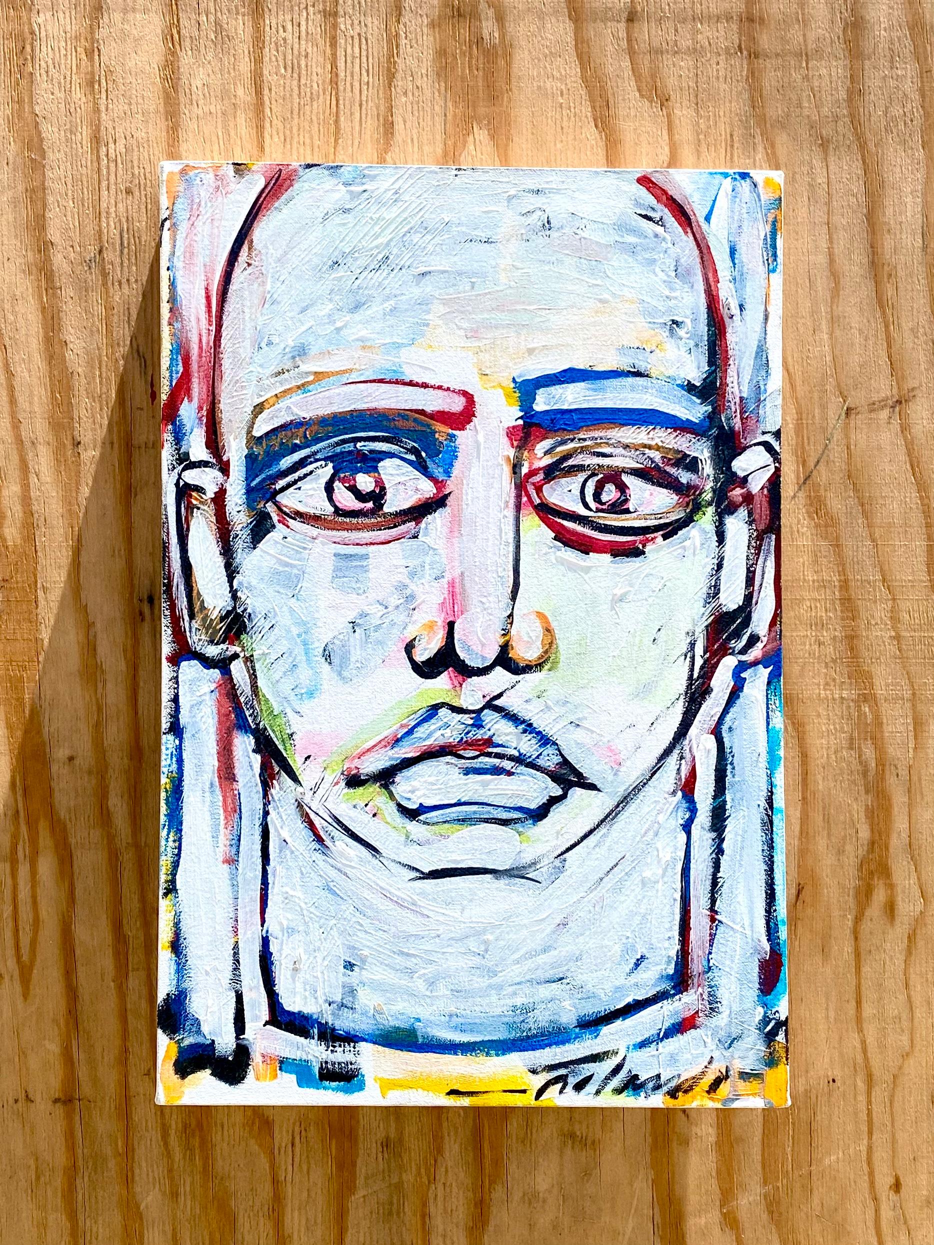Fantastic contemporary abstract oil portrait. A beautiful and expressive face in brilliant colors. Signed by the artist Roland.