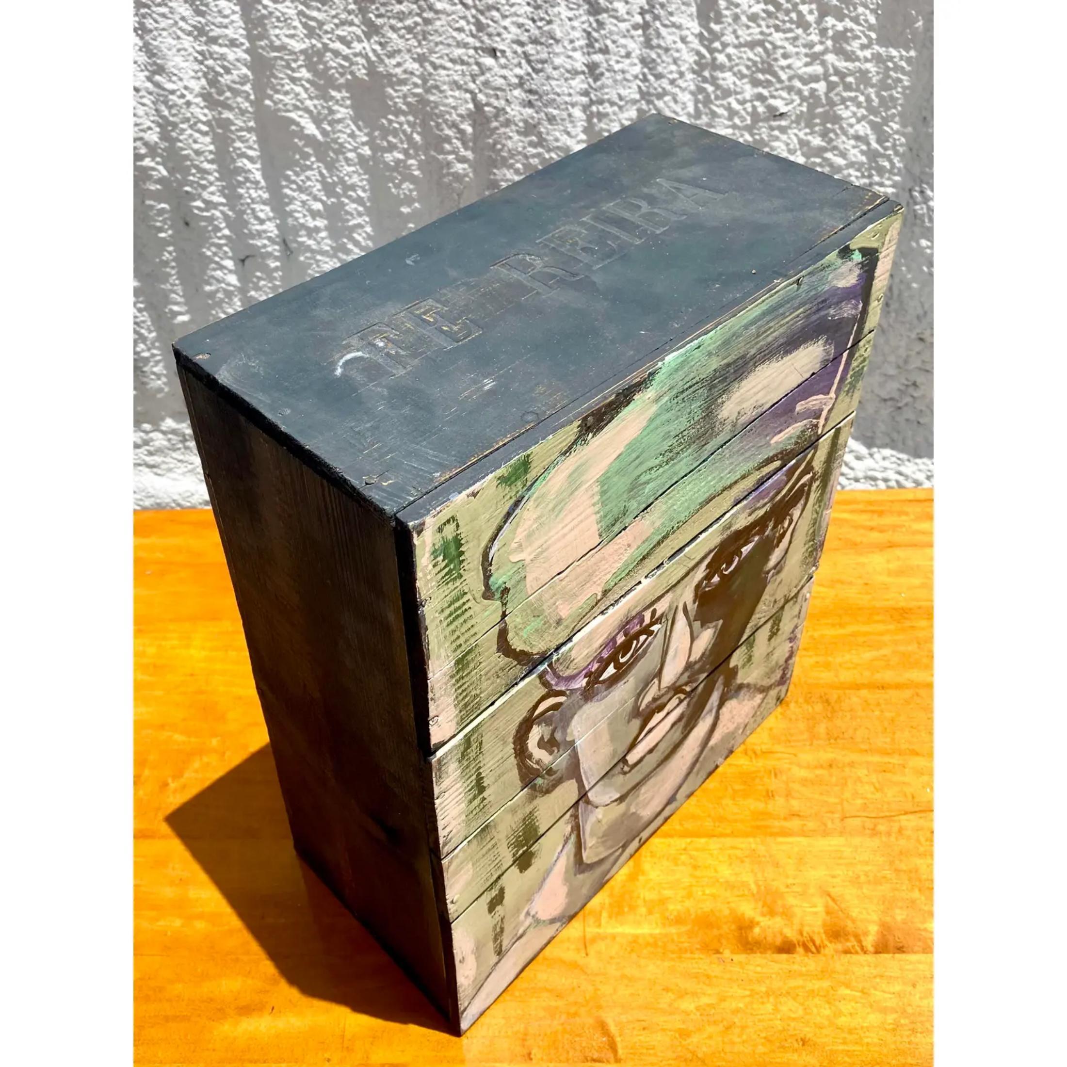 Striking Contemporary abstract oil portrait. A brilliant composition painted on a wooden box. Signed by the artist Roland. Acquired from a Palm Beach estate.