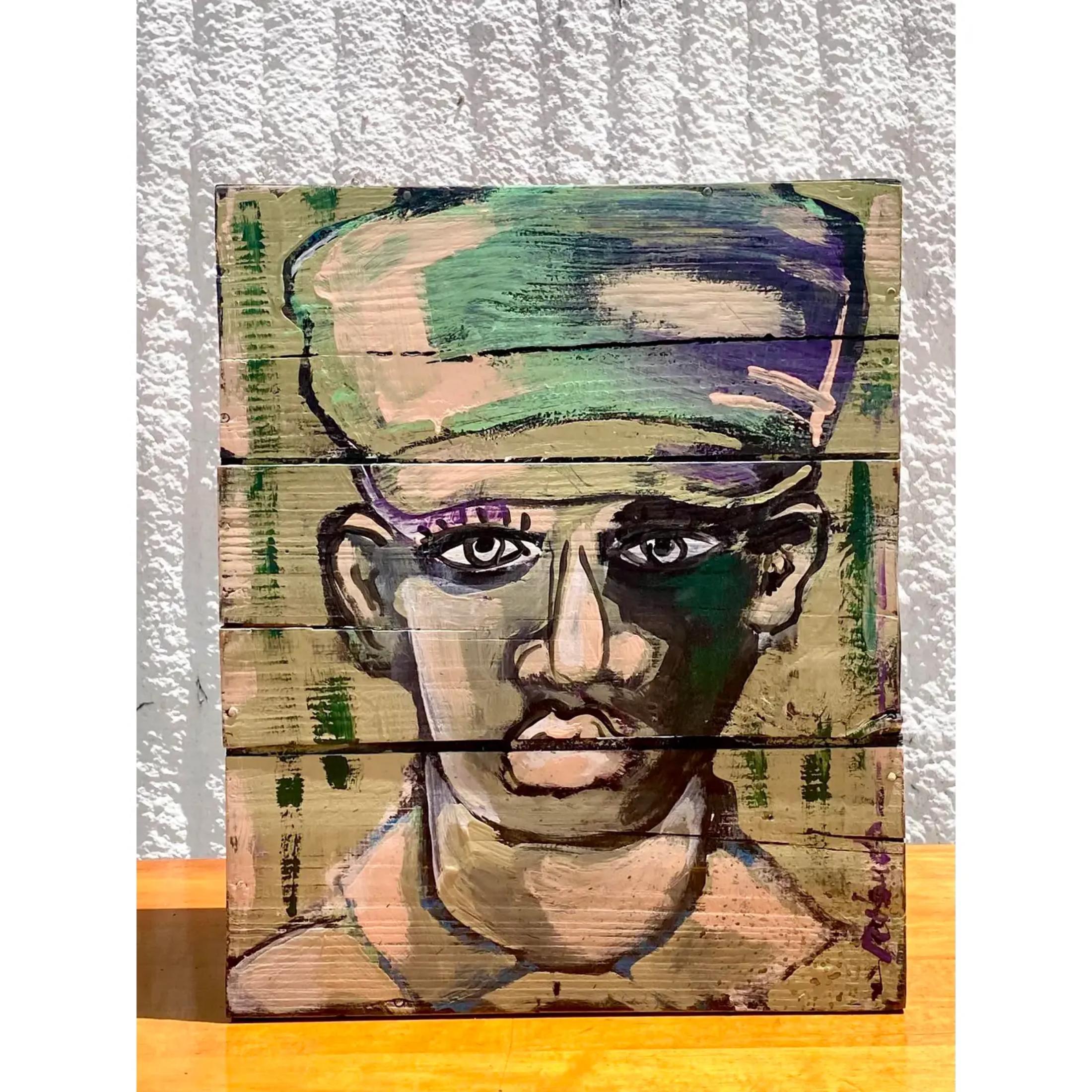 American Craftsman Contemporary Original Abstract Oil Portrait on Crate Signed Roland For Sale