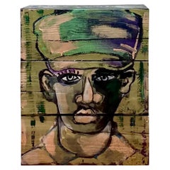 Portrait abstrait contemporain à l'huile sur caisse signé Roland