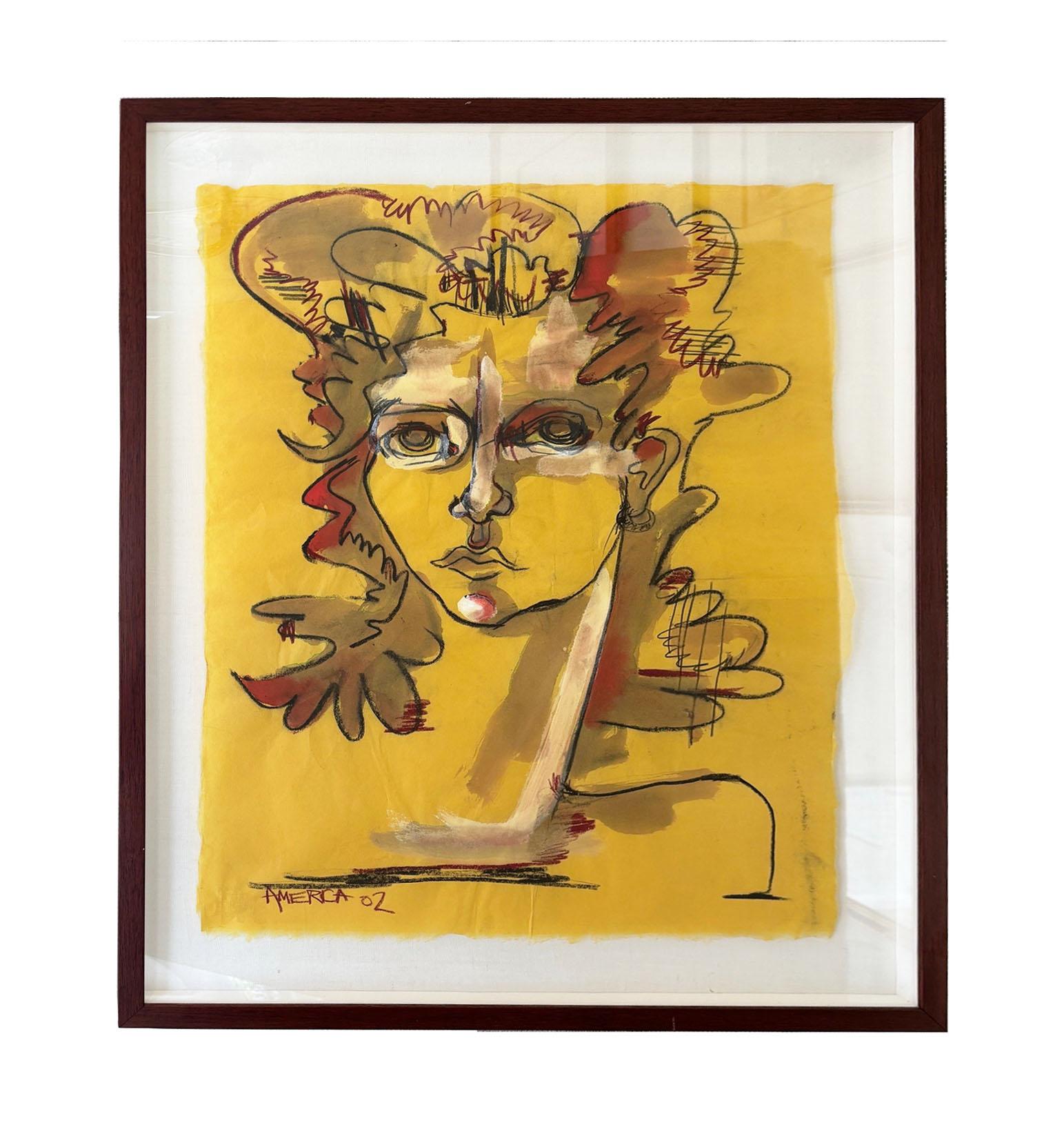 Américain Peinture contemporaine originale au pastel et à l'encre 