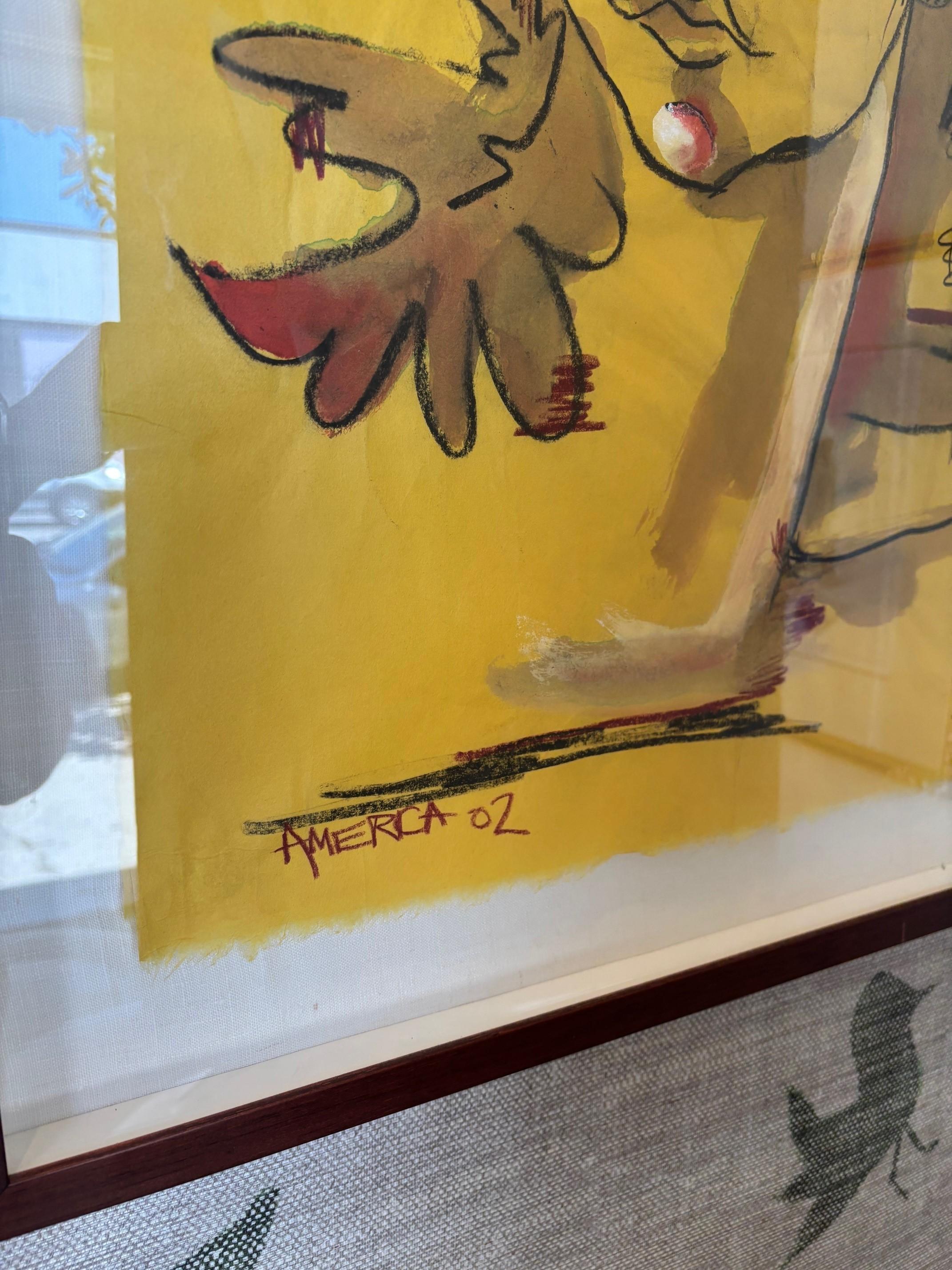 Brossé Peinture contemporaine originale au pastel et à l'encre 