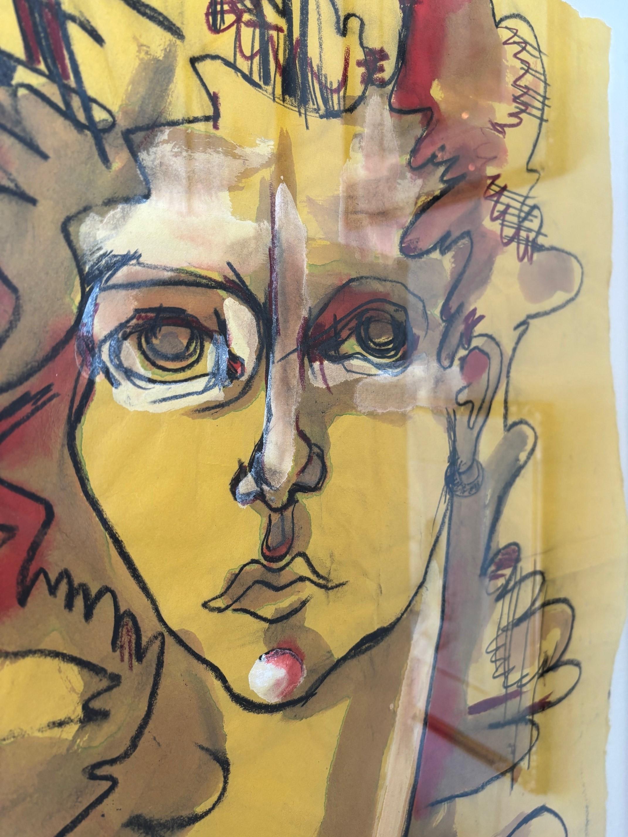 Textile Peinture contemporaine originale au pastel et à l'encre 