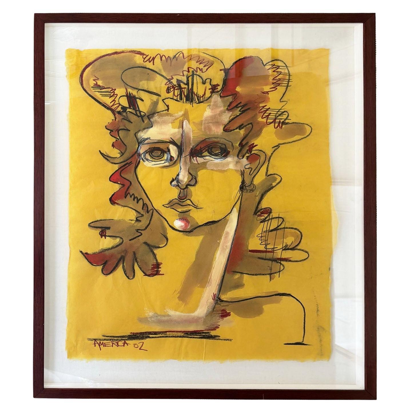 Contemporary Original Pastel & Ink Painting "Woman in Yellow by America Martin