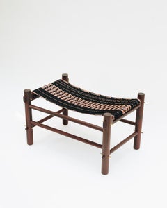 Wooden Ottoman with Handmade Hammock Weaving, Made in Mexican Caribbean Walnut