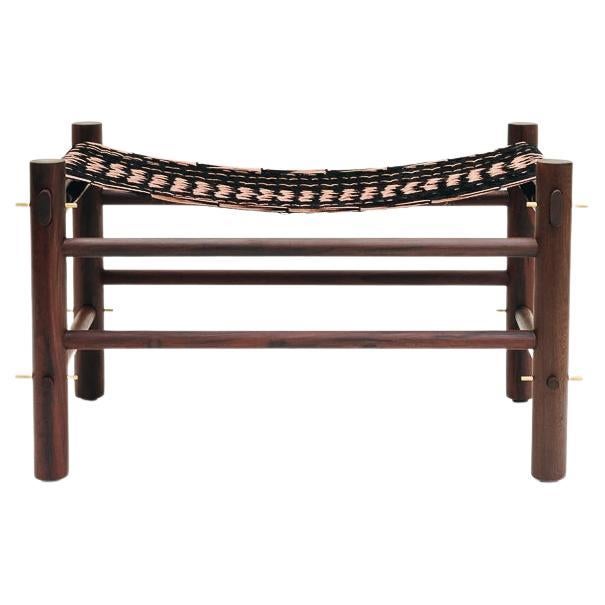 Wooden Ottoman with Handmade Hammock Weaving, Made in Mexican Caribbean Walnut