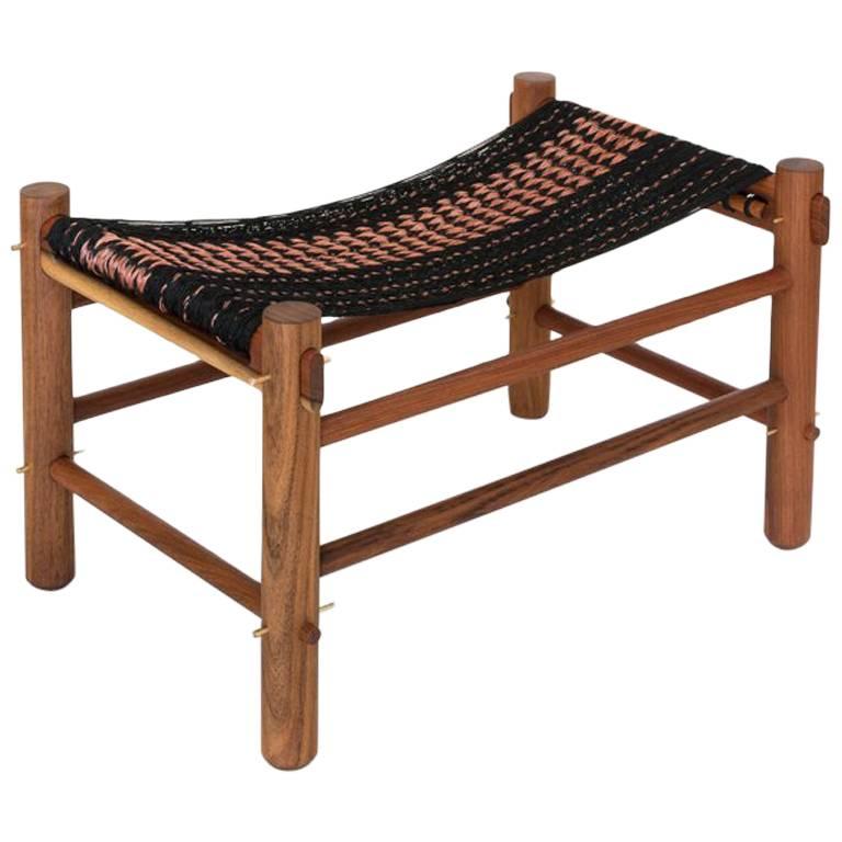 Contemporary Ottoman in Caribbean Walnut with Handmade Weaving, 1 in stock For Sale