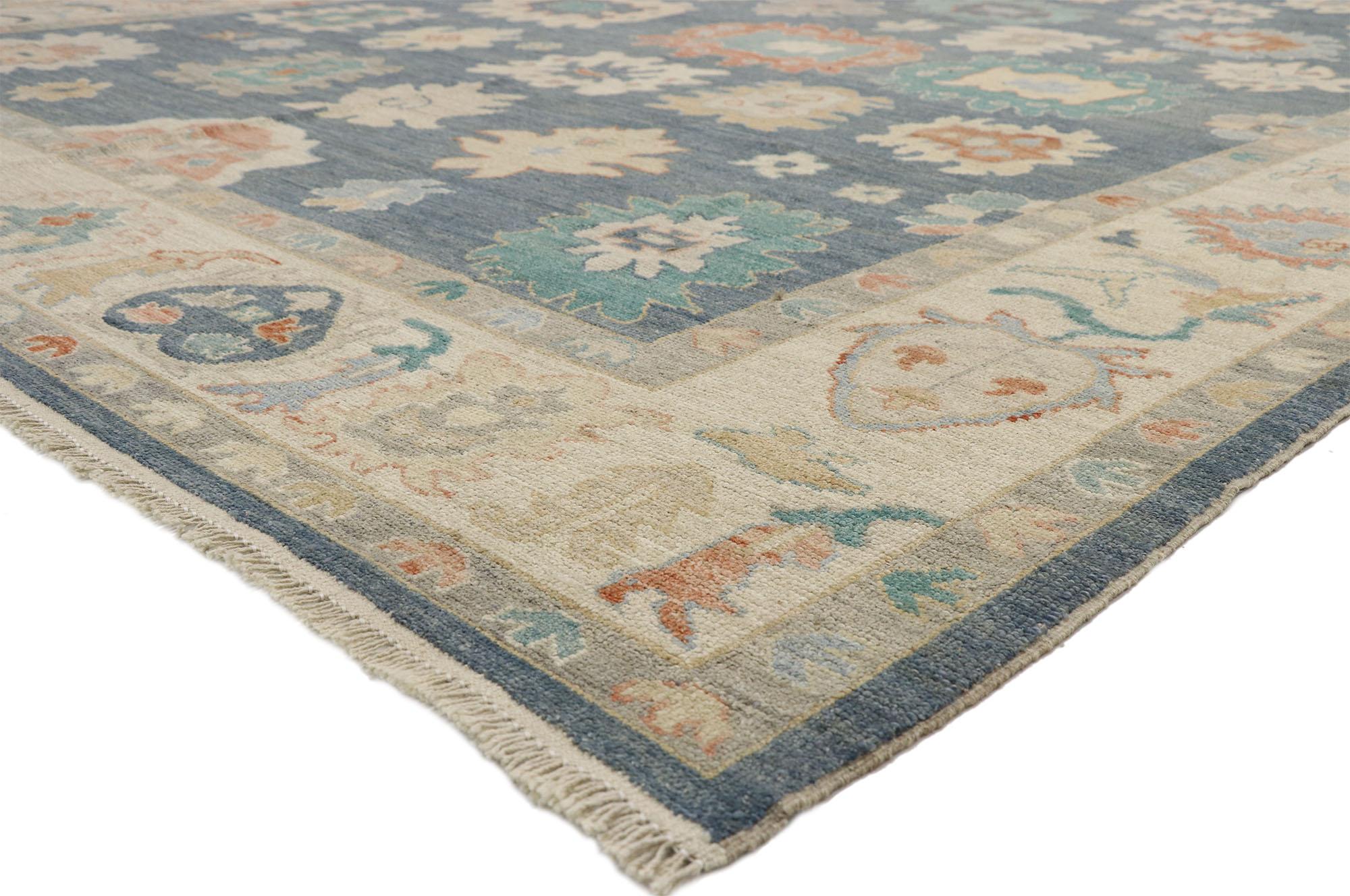 80527, contemporary Oushak area rug with pastel colors and French Transitional style. Highly stylish yet tastefully casual, this new colorful Oushak area rug features an all-over geometric pattern composed of Harshang motifs, blooming palmettes, and