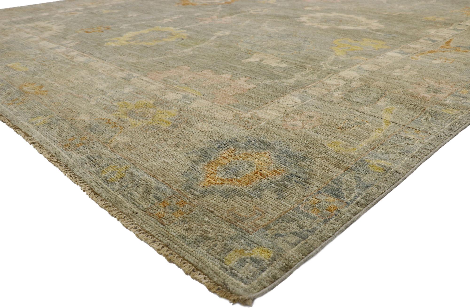 80524 New Vintage-Inspired Oushak Rug, 09'03 x 12'03. 
Highly stylish yet tastefully casual, this vintage-inspired Oushak area rug features an allover geometric pattern composed of Harshang motifs, blooming palmettes, leafy tendrils, curved sickle