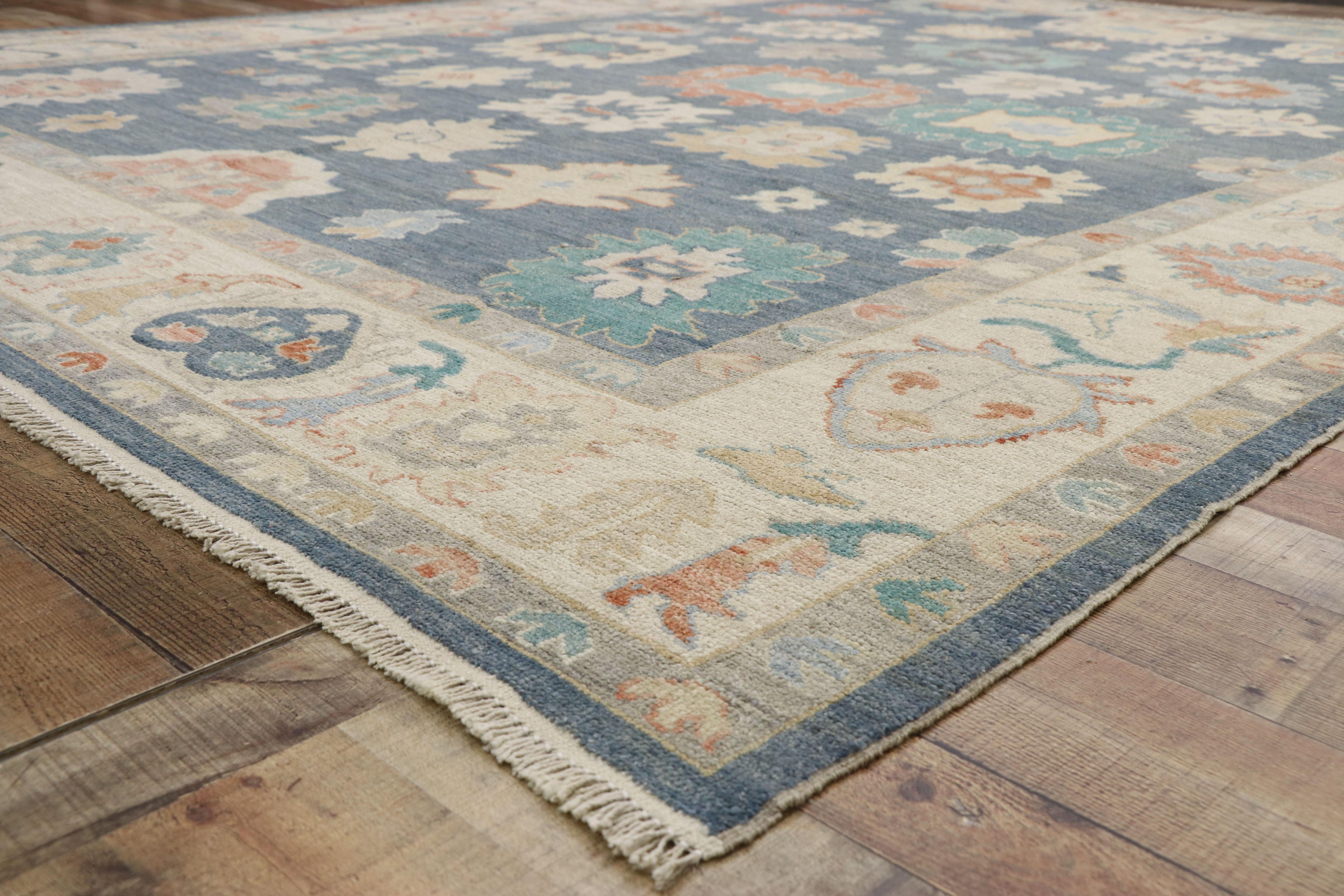 French Provincial Contemporary Oushak Area Rug with Pastel Colors and French Transitional Style