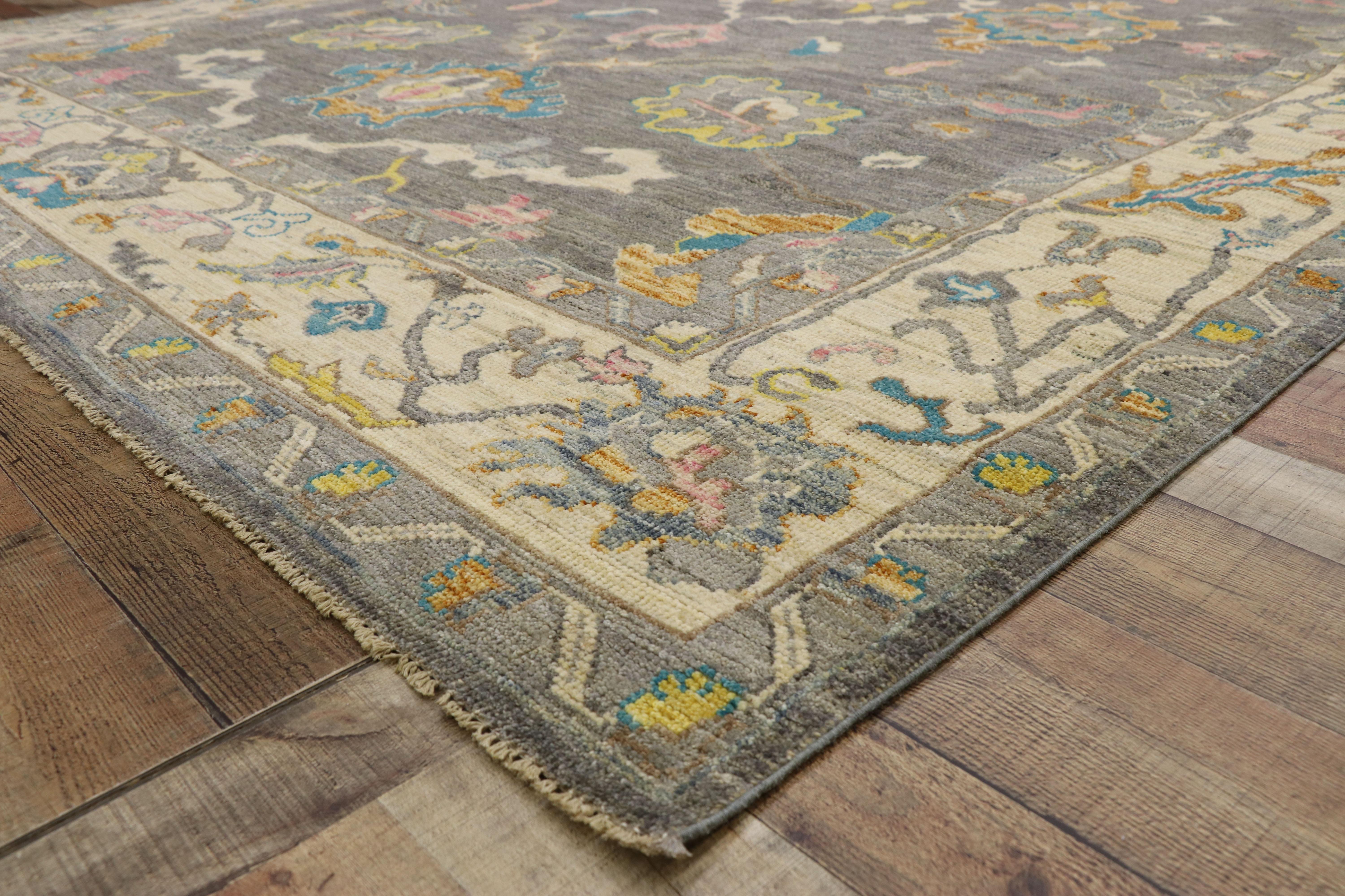 Hand-Knotted New Contemporary Oushak Rug with Pastel Colors and Transitional Style For Sale