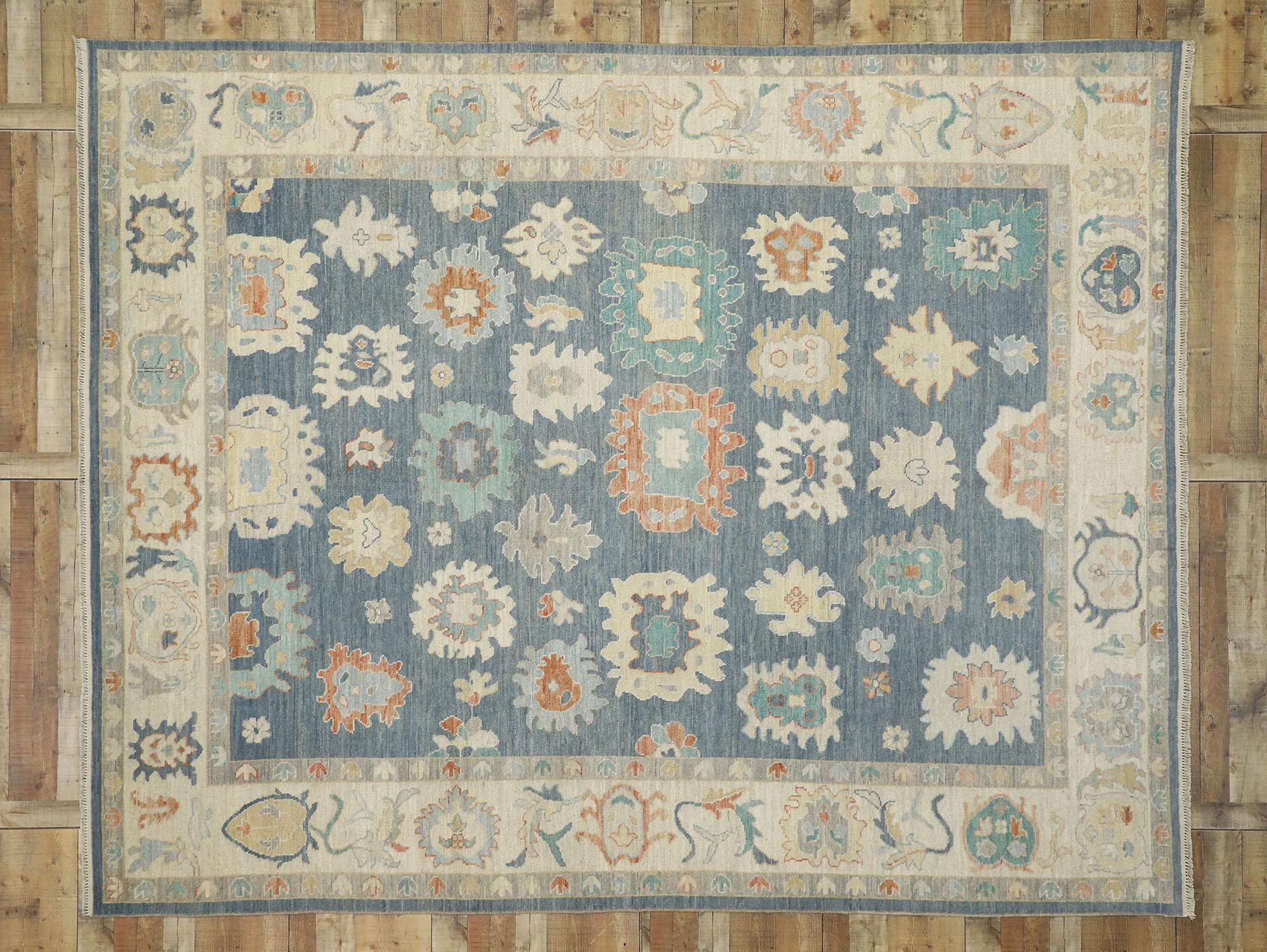 Hand-Knotted Contemporary Oushak Area Rug with Pastel Colors and French Transitional Style