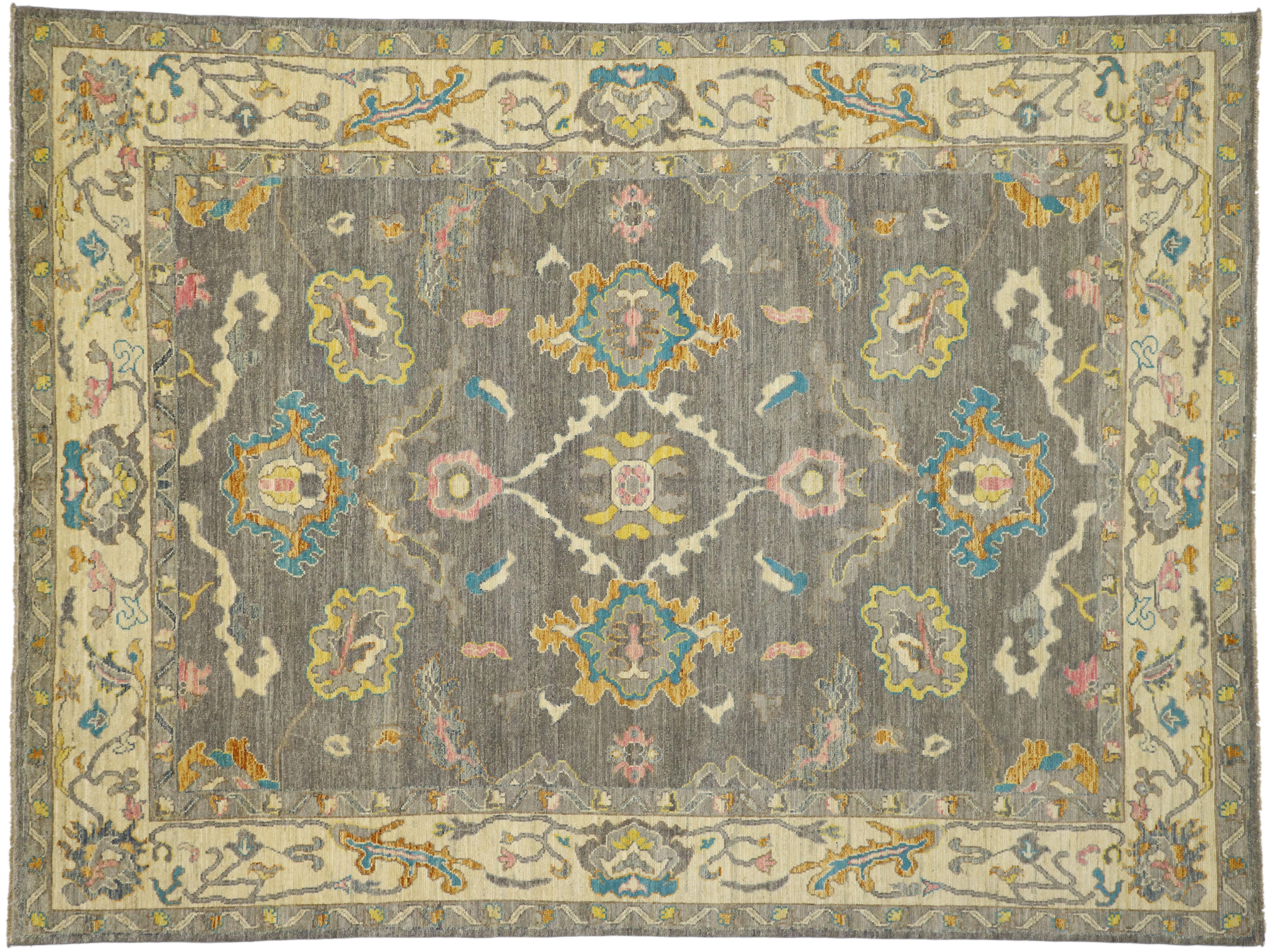 New Contemporary Oushak Rug with Pastel Colors and Transitional Style For Sale 1