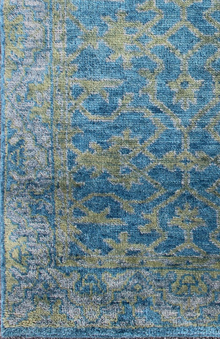 Indian Contemporary Oushak Design Rug in Blue, Gray and Yellow Green For Sale