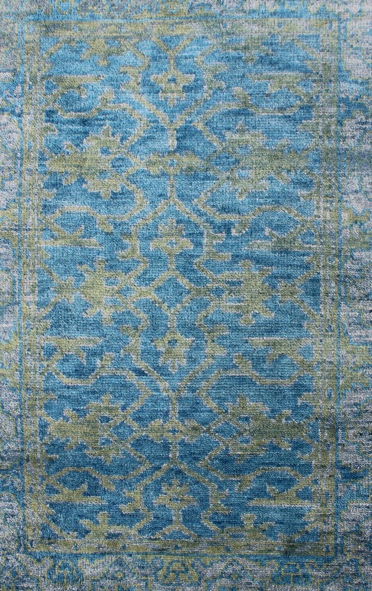 Hand-Knotted Contemporary Oushak Design Rug in Blue, Gray and Yellow Green For Sale