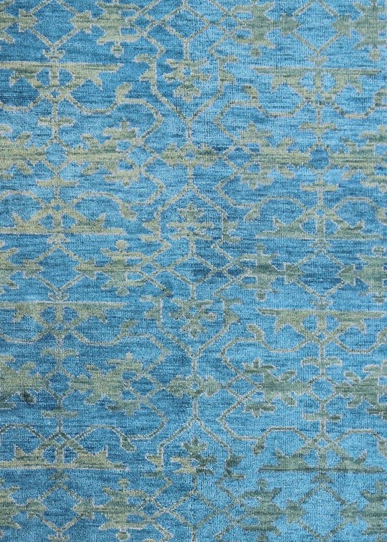 Hand-Knotted Contemporary Oushak Design Rug in Blue, Gray and Yellow Green For Sale