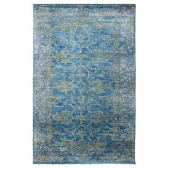 Tapis contemporain Oushak Design en bleu, gris et vert jaune