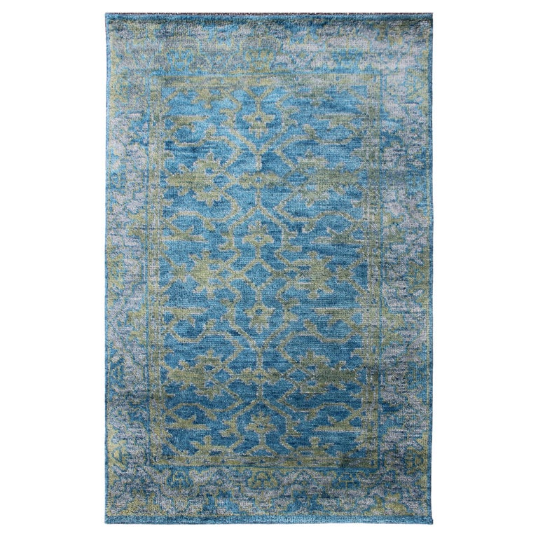 Contemporary Oushak Design Rug in Blue, Gray and Yellow Green For Sale