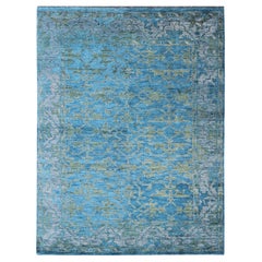 Contemporary Oushak Design Rug in Blue, Gray and Yellow Green