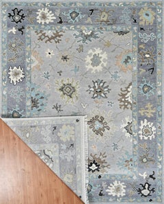 Contemporary Oushak Hand-Knotted Wool Rug in Light Grey and Soft Blue