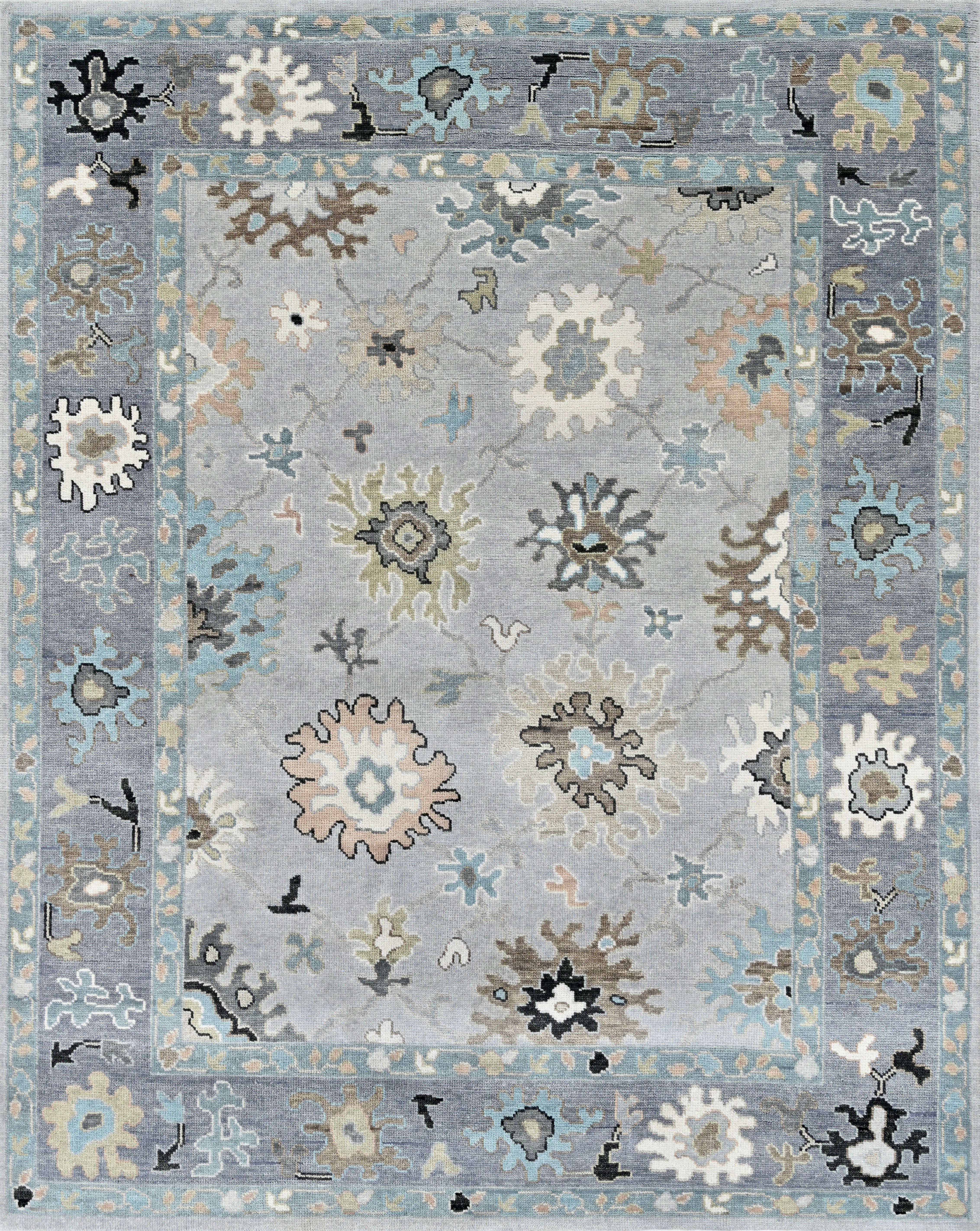 Contemporary Oushak Hand-Knotted Wool Rug in Light Grey and Soft Blue