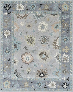 Contemporary Oushak Hand-Knotted Wool Rug in Light Grey and Soft Blue