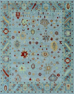 Contemporary Oushak Hand-Knotted Wool Rug in Sky Blue with Tribal Motifs